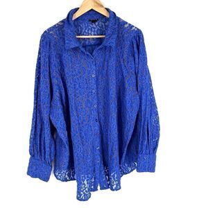 Torrid Top Women Size 4 Blue Floral Lace Button Up Shirt Sheer Blouse Romantic